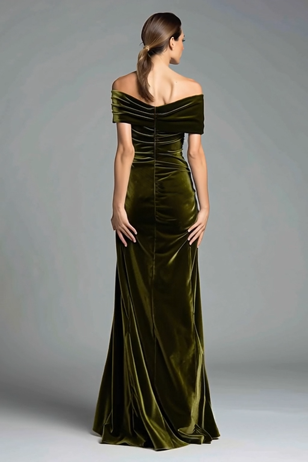 Olive Sheath Off the Shoulder Velvet Long Formal Dress with Bow