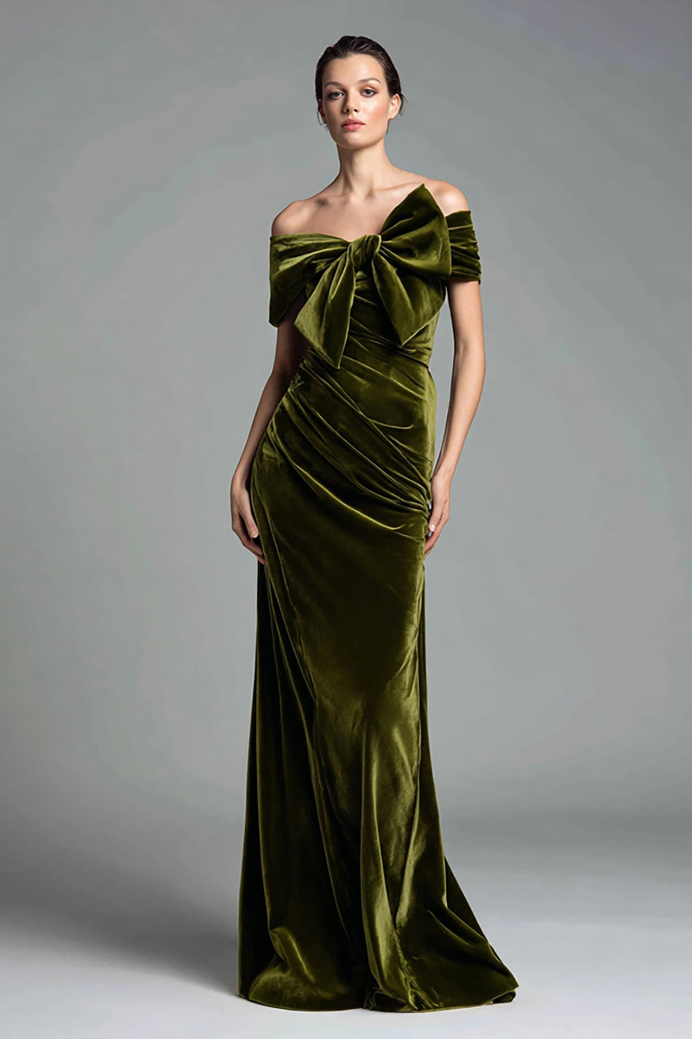 Olive Sheath Off the Shoulder Velvet Long Formal Dress with Bow