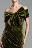 Olive Sheath Off the Shoulder Velvet Long Formal Dress with Bow
