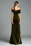 Olive Sheath Off the Shoulder Velvet Long Formal Dress with Bow