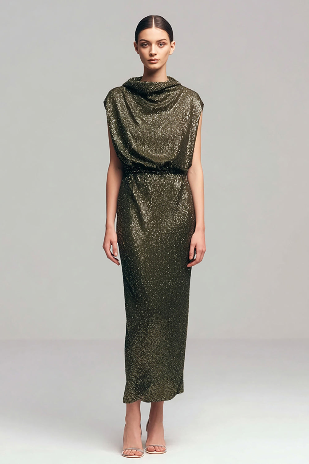 Sparkly Olive Cowl Neck Sheath Sequins Long Formal Dress
