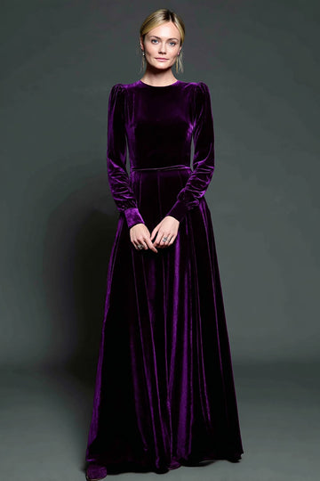 Dark Purple A Line Velvet Long Formal Dress with Sleeves
