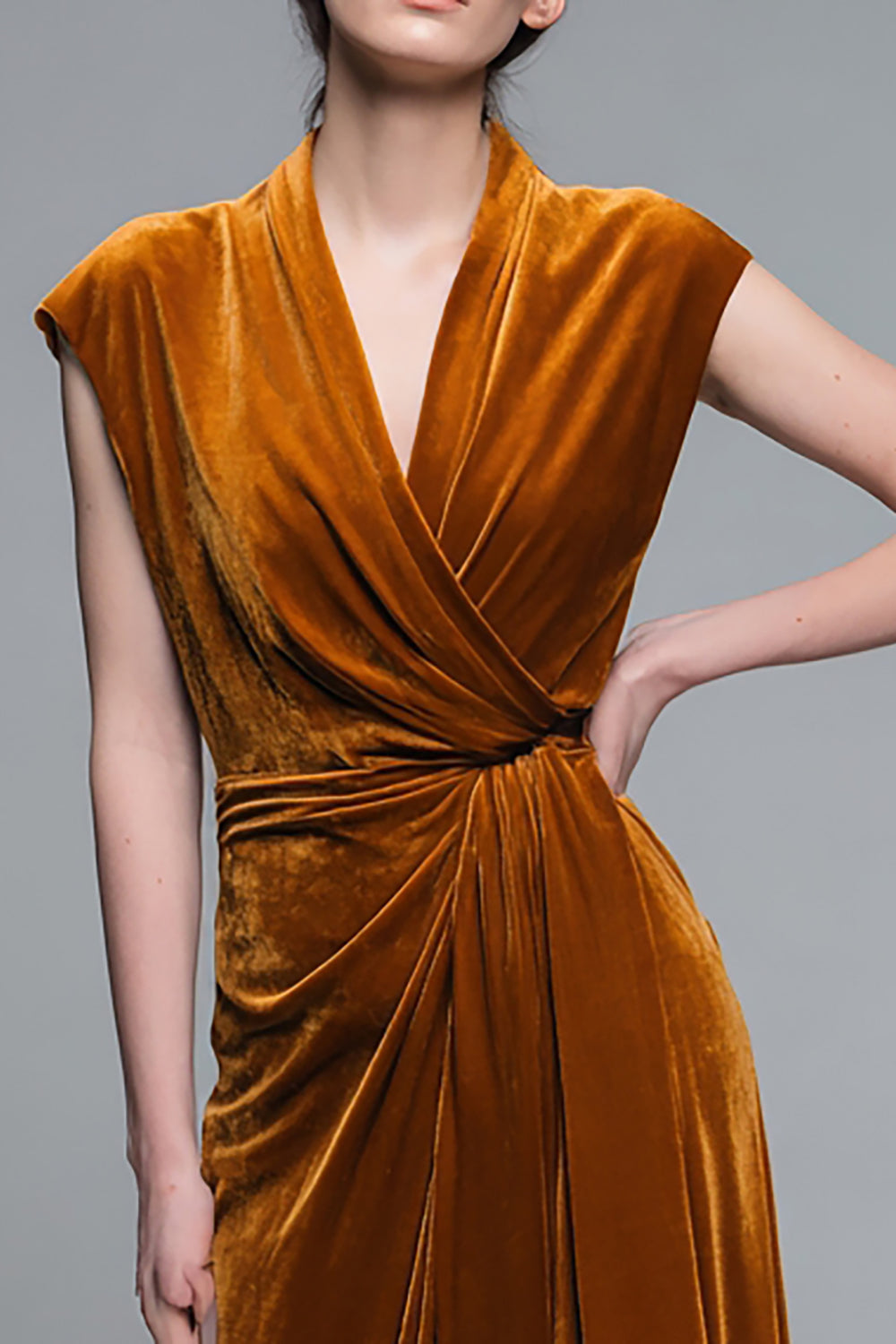 Caramel V Neck Velvet Sheath Long Formal Dress with Sleeves