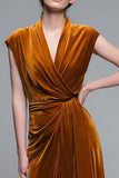 Caramel V Neck Velvet Sheath Long Formal Dress with Sleeves