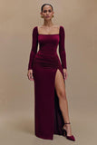 Burgundy Satin Square Neck Long Formal Dress with Sleeves