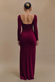 Burgundy Satin Square Neck Long Formal Dress with Sleeves