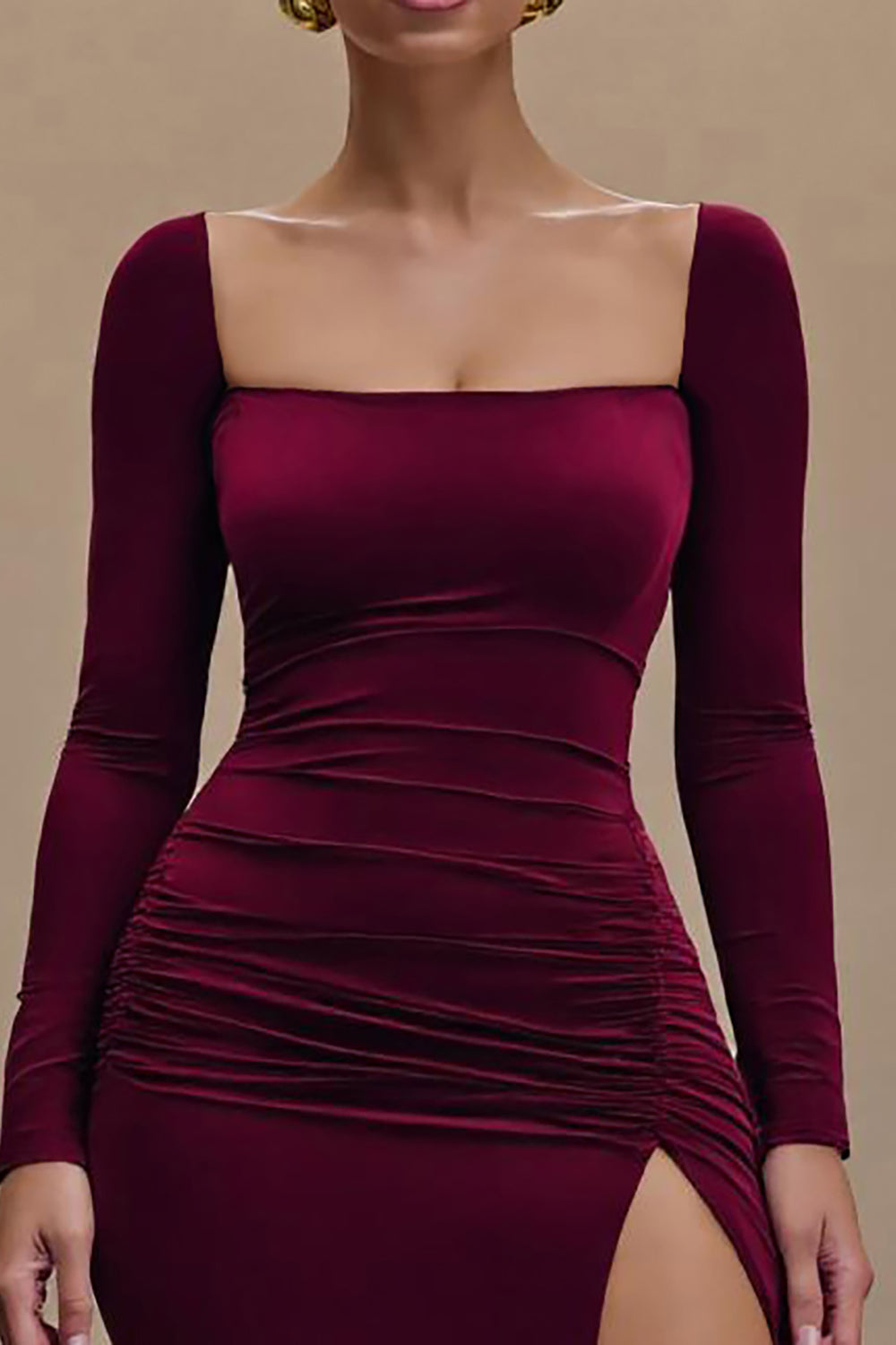 Burgundy Satin Square Neck Long Formal Dress with Sleeves