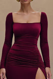 Burgundy Satin Square Neck Long Formal Dress with Sleeves