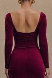 Burgundy Satin Square Neck Long Formal Dress with Sleeves