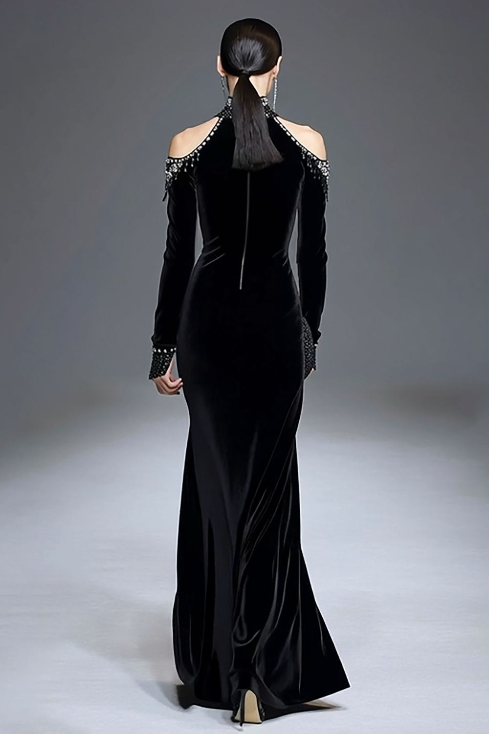 Sparkly Black Velvet High Neck Long Formal Dress with Sleeves
