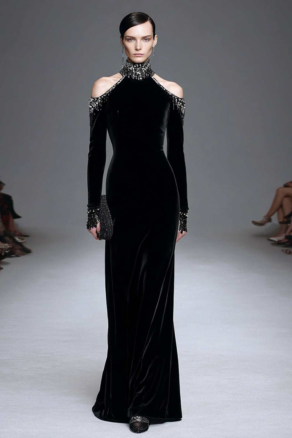 Sparkly Black Velvet High Neck Long Formal Dress with Sleeves