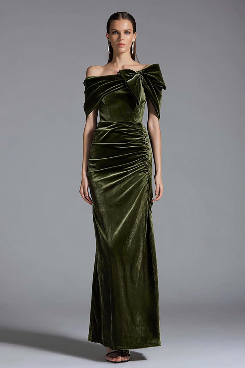 Olive Off the Shoulder Ruched Long Formal Dress with Bow