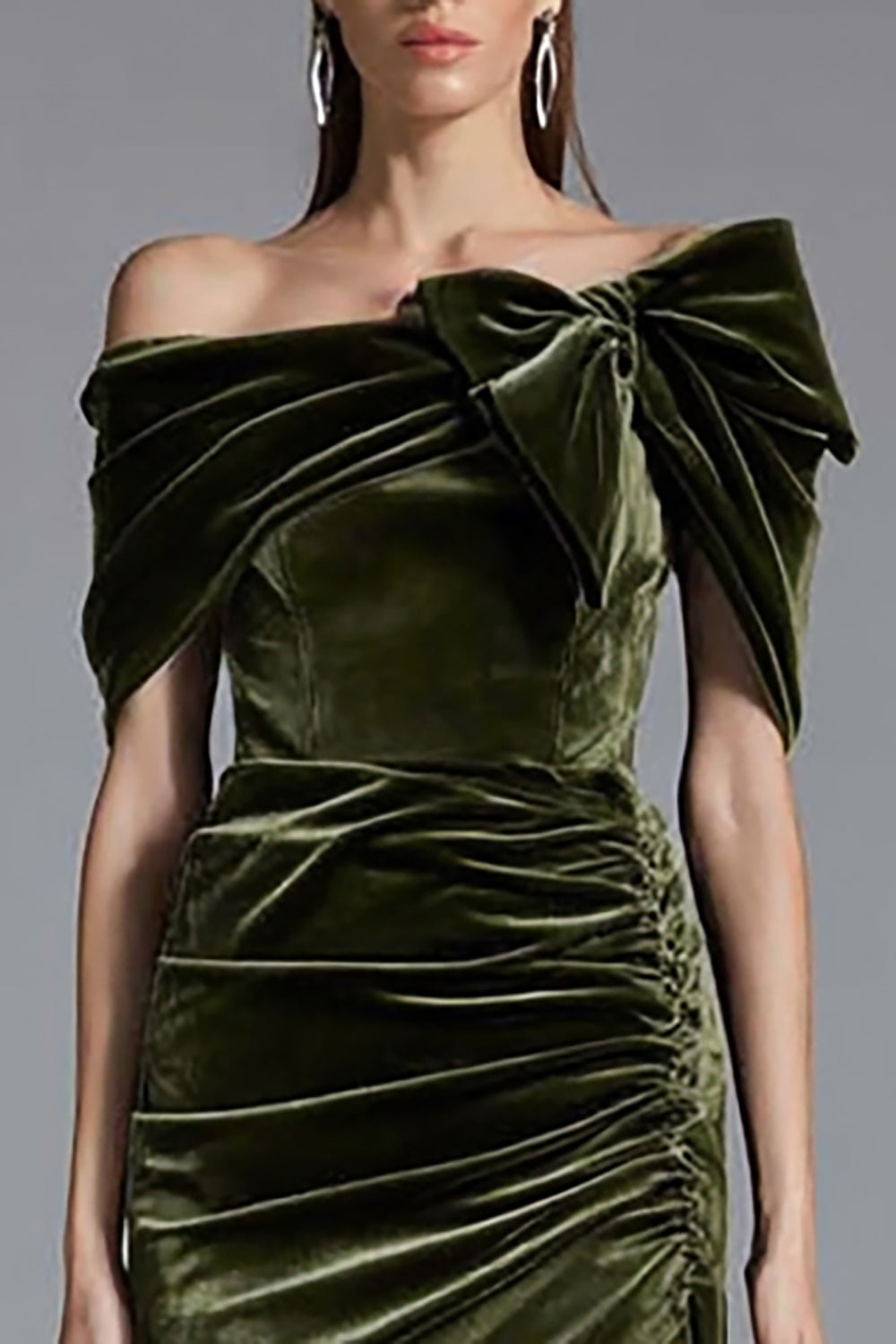 Olive Off the Shoulder Ruched Long Formal Dress with Bow