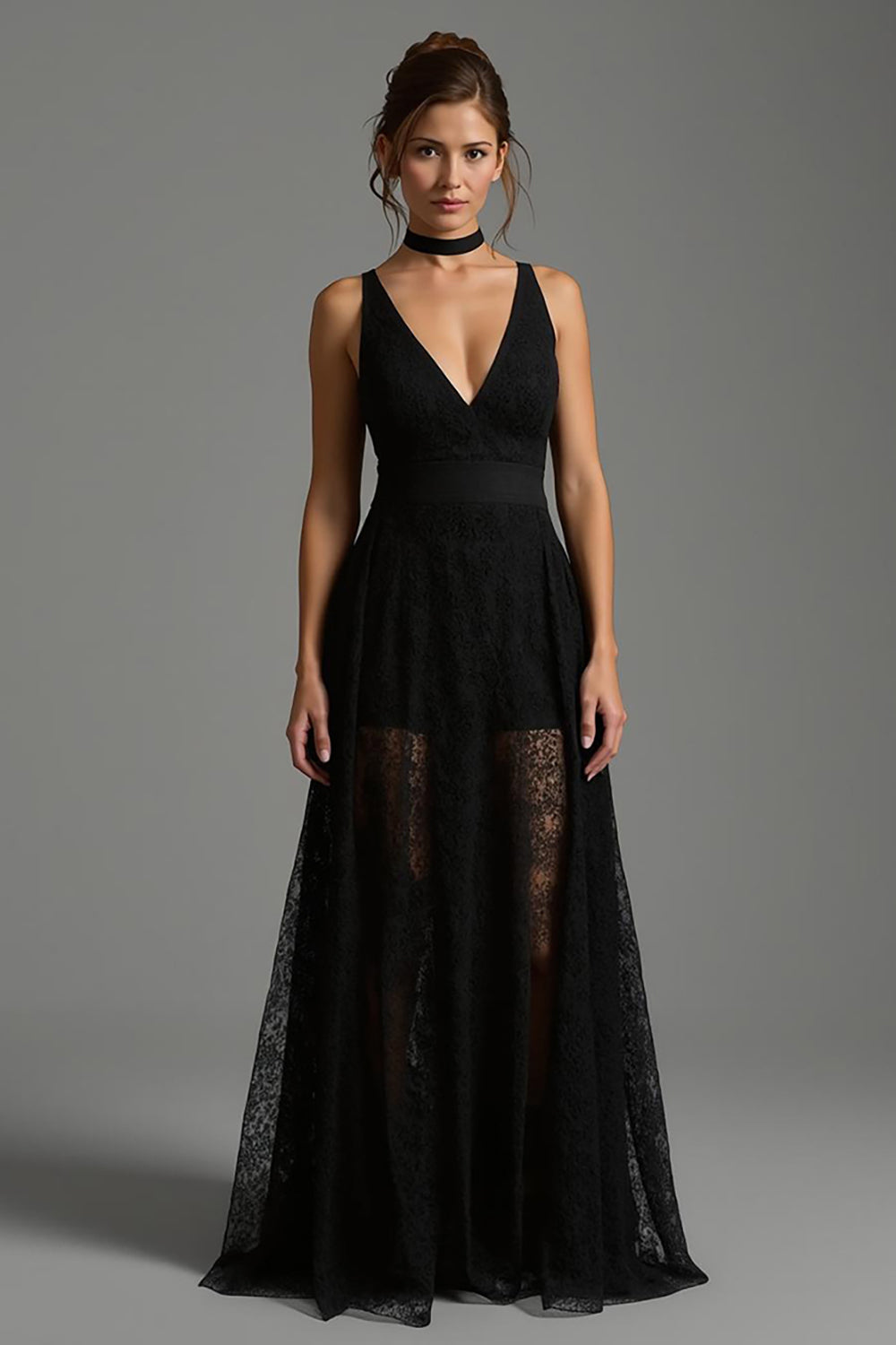 Black V Neck A Line Backless Long Formal Dress with Lace