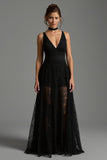 Black V Neck A Line Backless Long Formal Dress with Lace