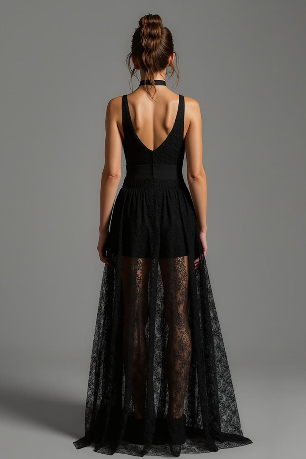 Black V Neck A Line Backless Long Formal Dress with Lace