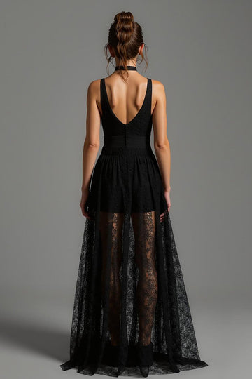 Black V Neck A Line Backless Long Formal Dress with Lace