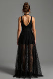 Black V Neck A Line Backless Long Formal Dress with Lace