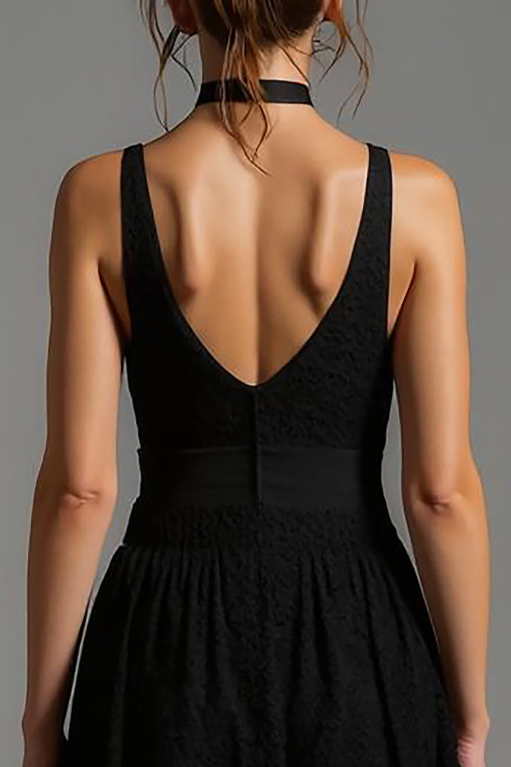 Black V Neck A Line Backless Long Formal Dress with Lace