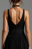 Black V Neck A Line Backless Long Formal Dress with Lace