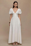 Ivory A Line V Neck Satin Long Formal Dress with Sleeves
