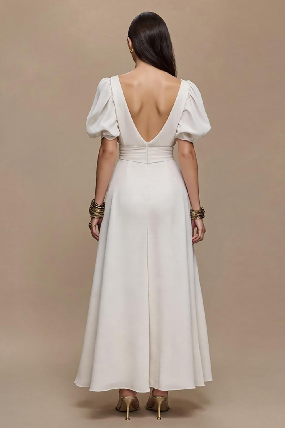 Ivory A Line V Neck Satin Long Formal Dress with Sleeves