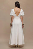 Ivory A Line V Neck Satin Long Formal Dress with Sleeves