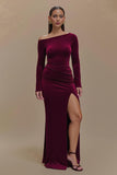 Burgundy Satin Long Sleeves Formal Dress with Slit