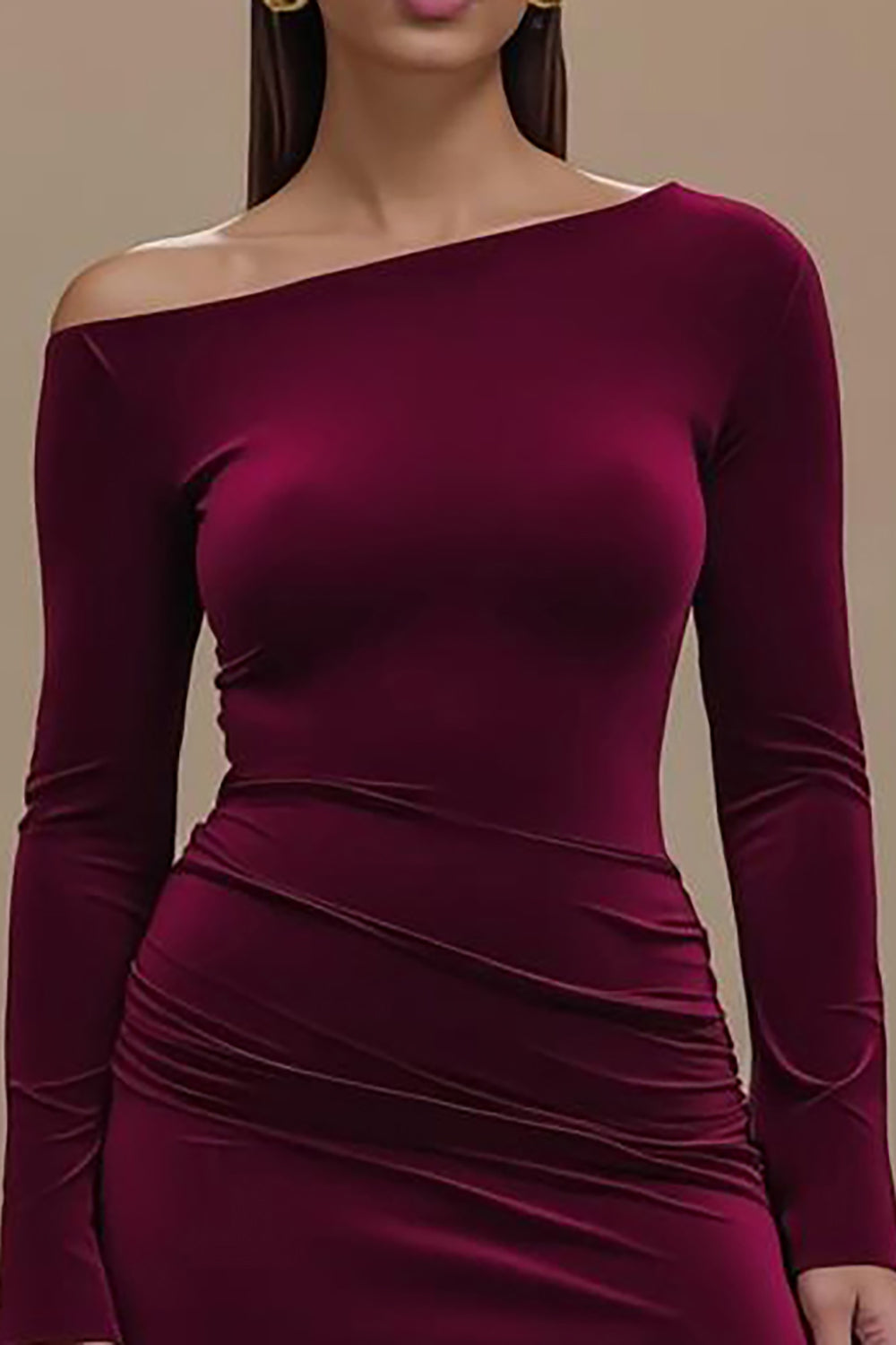 Burgundy Satin Long Sleeves Formal Dress with Slit