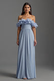 Sky Blue Ruffled Off the Shoulder Chiffon Long Formal Dress