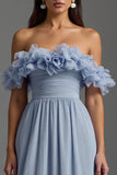 Sky Blue Ruffled Off the Shoulder Chiffon Long Formal Dress