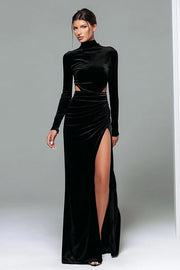 Black Velvet High Neck Long Sleeves Formal Dress with Slit