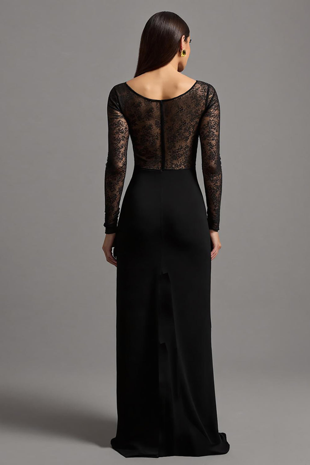 Black Sheath Satin Long Sleeves Formal Dress with Slit