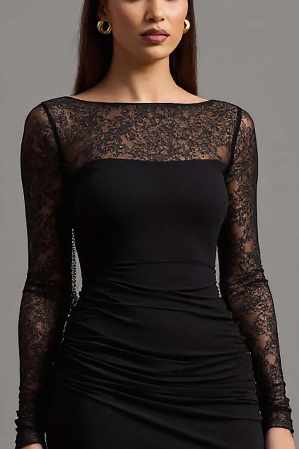 Black Sheath Satin Long Sleeves Formal Dress with Slit