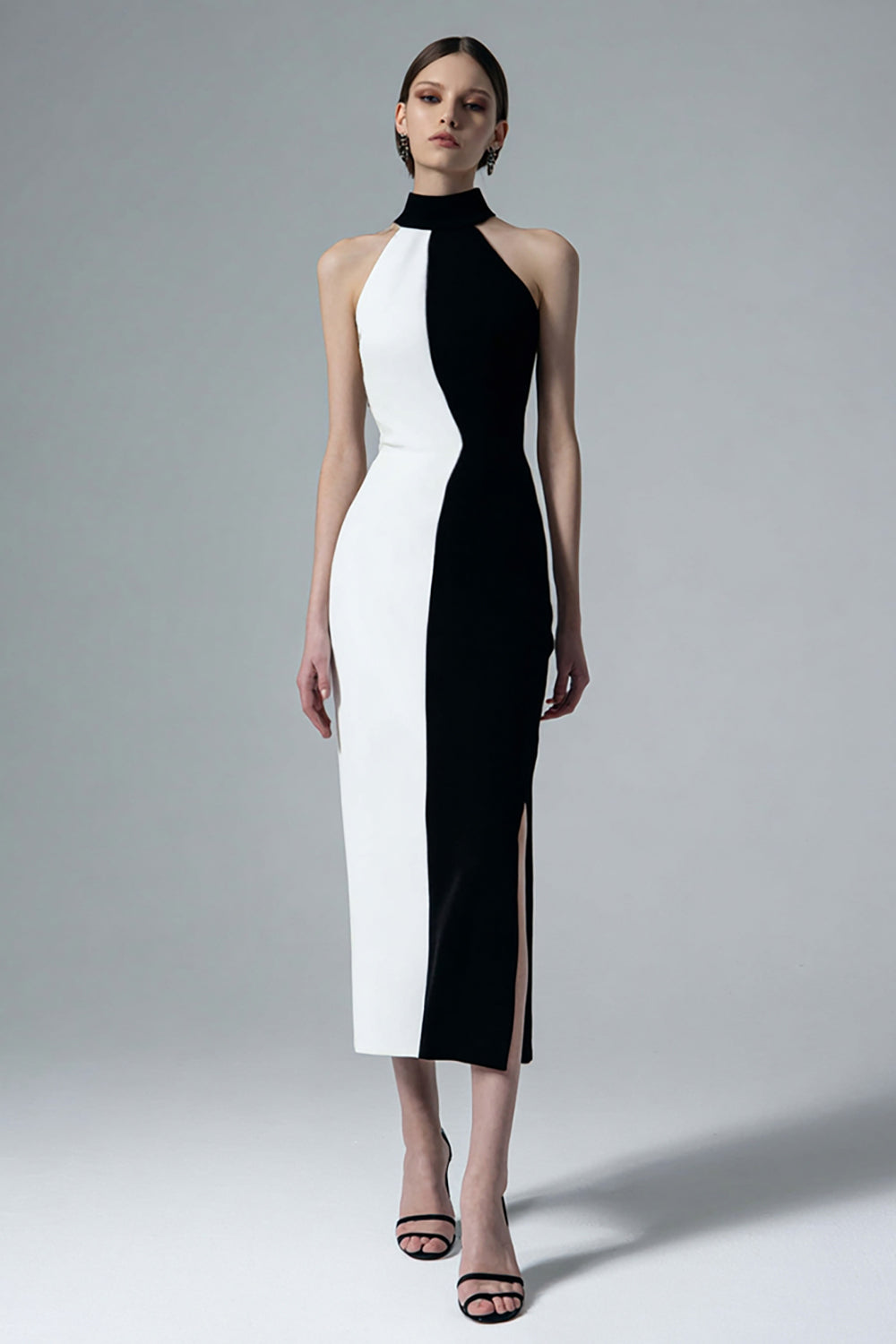 Black White High Neck Sheath Long Formal Dress with Slit