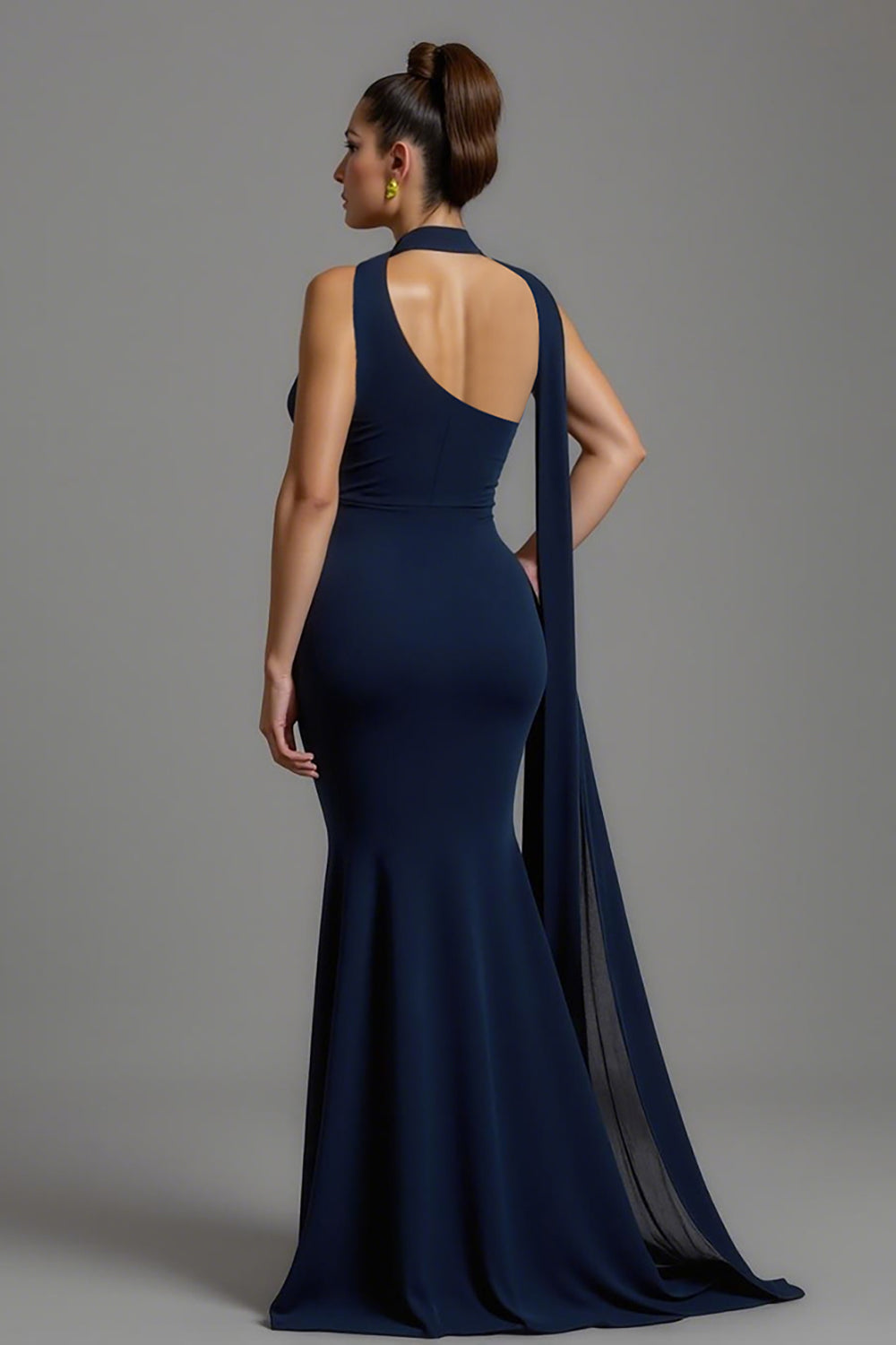 Navy Satin Mermaid Neck Scarf Long Formal Dress