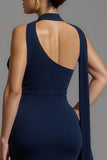 Navy Satin Mermaid Neck Scarf Long Formal Dress