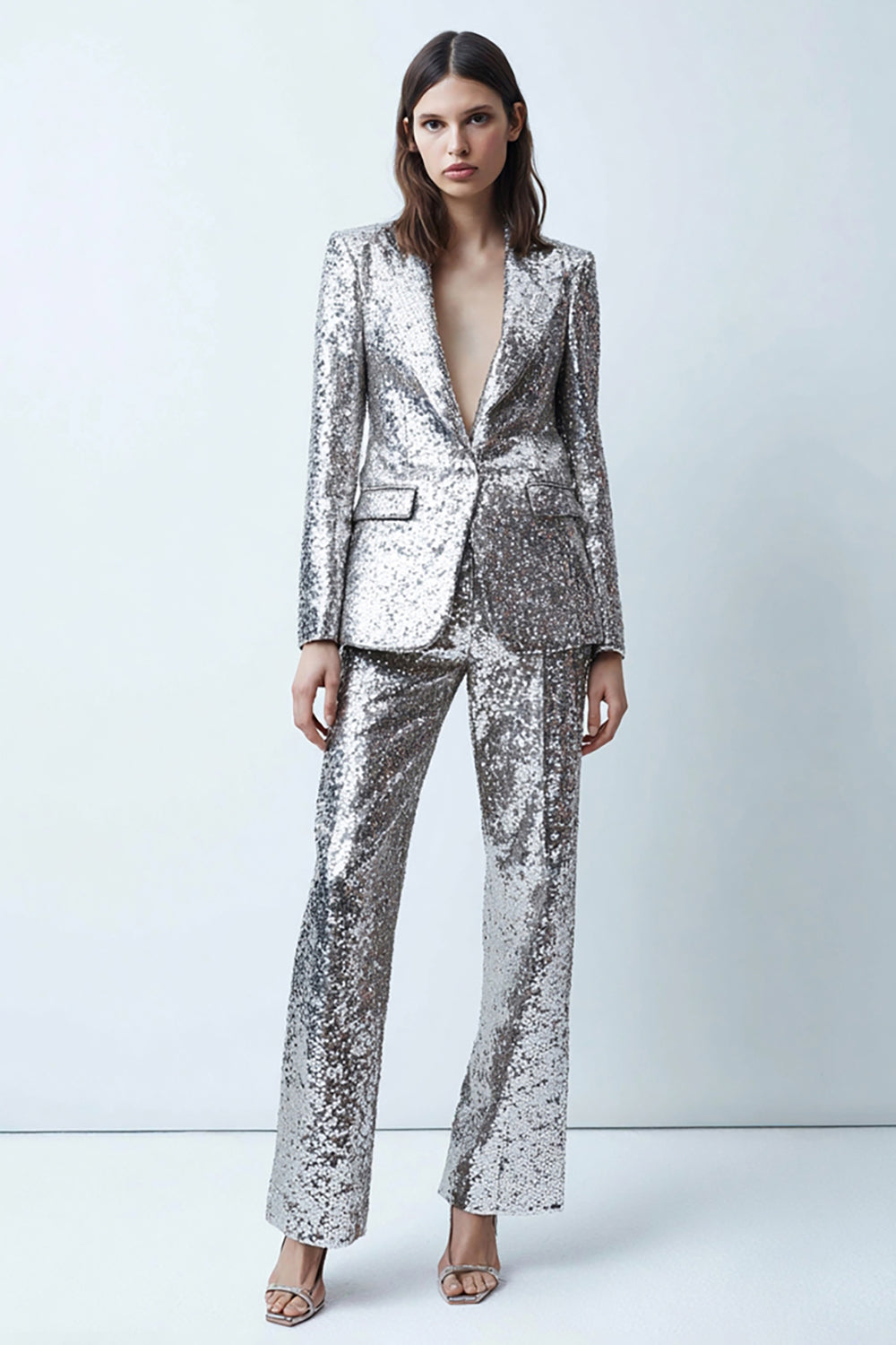Sparkly Silver 2 Pieces Sequins Lapel Women Formal Suits