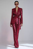 Sparkly Red 2 Pieces Sequins Lapel Women Formal Suits With Sash