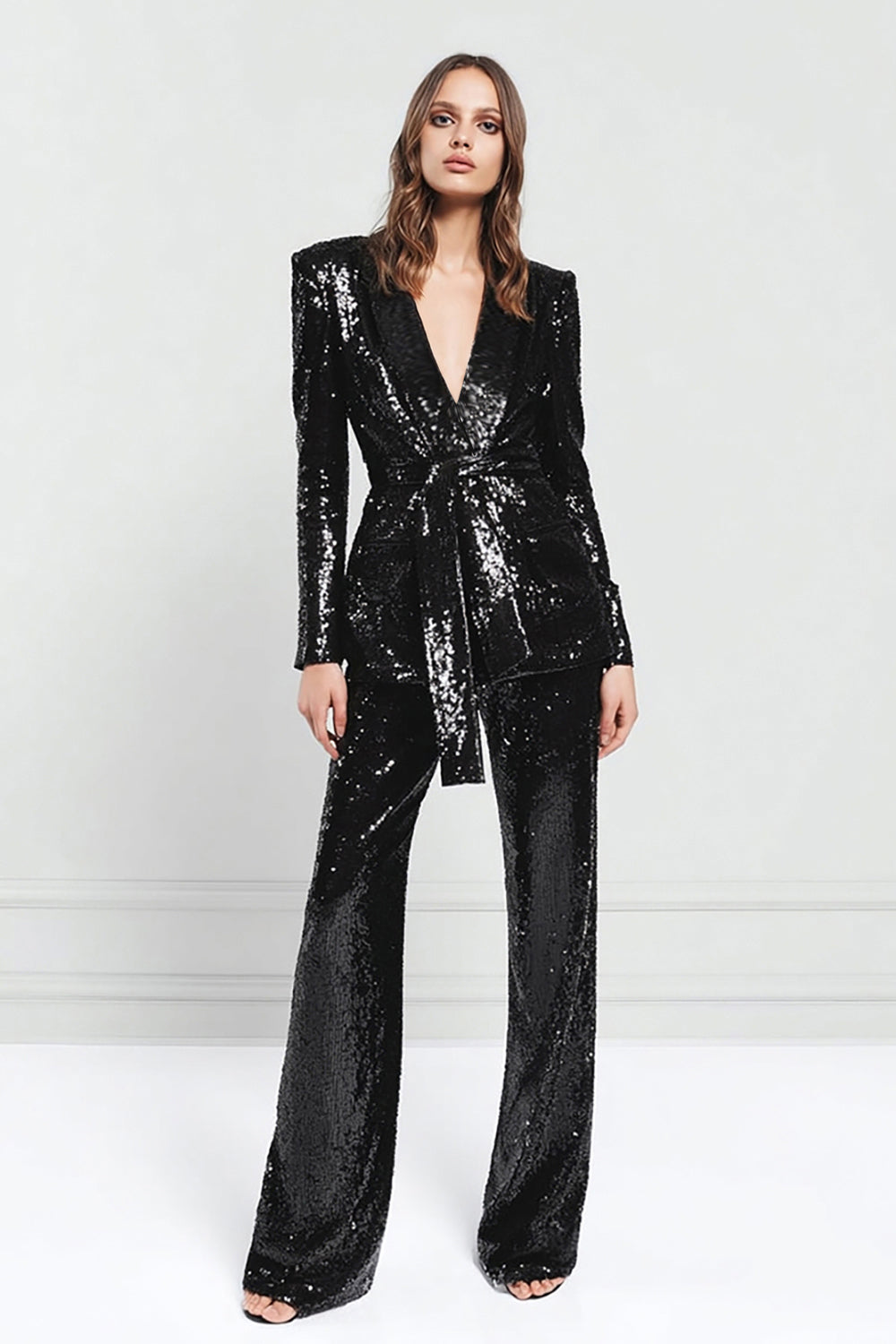 Sparkly Black 2 Pieces Shawl Lapel Women Formal Suits With Sash