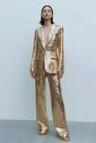 Sparkly Gold Sequins Notched Lapel 2 Pieces Women Tuxedo