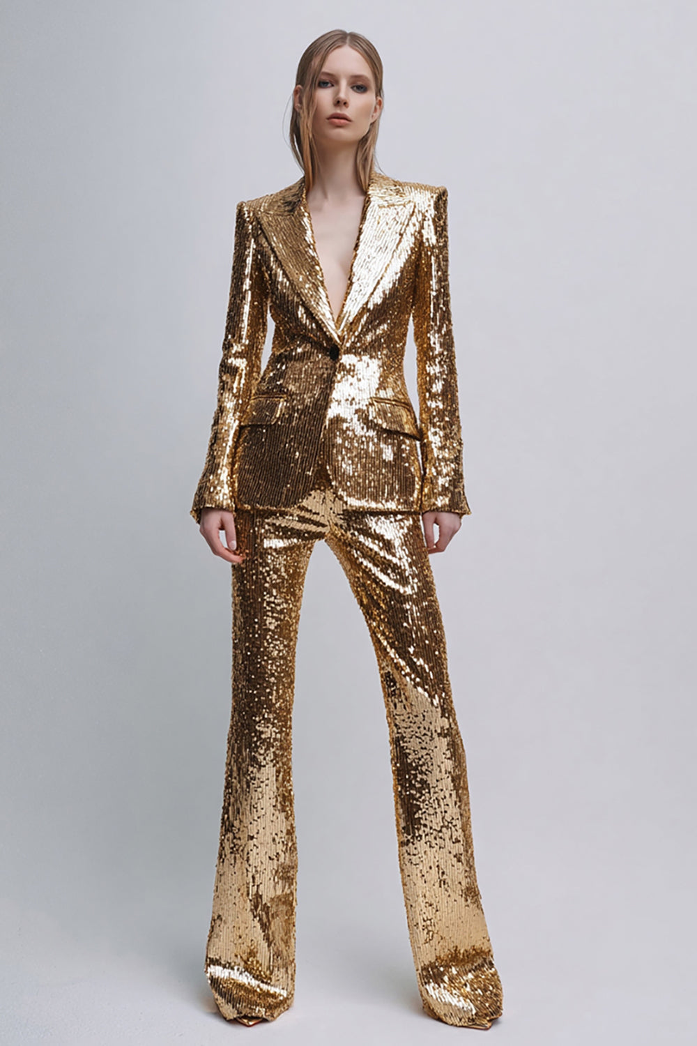 Sparkly Gold Peak Lapel 2 Pieces Women Tuxedo with Sleeves