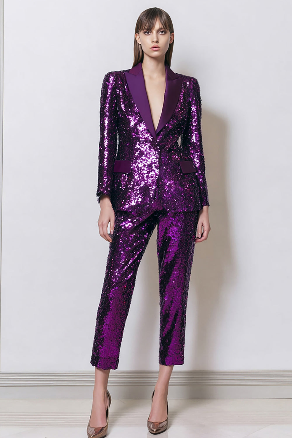 Sparkly Sequins Dark Purple 2 Pieces Women Formal Suits