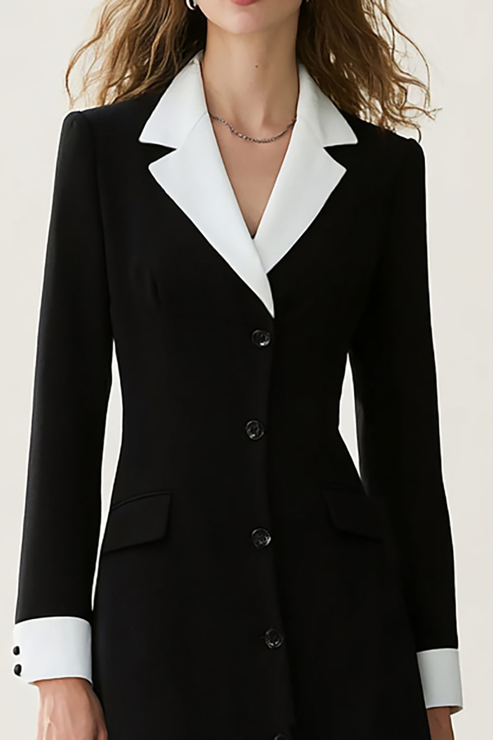 Black and White A Line Notched Lapel Long Work Dress with Sleeves