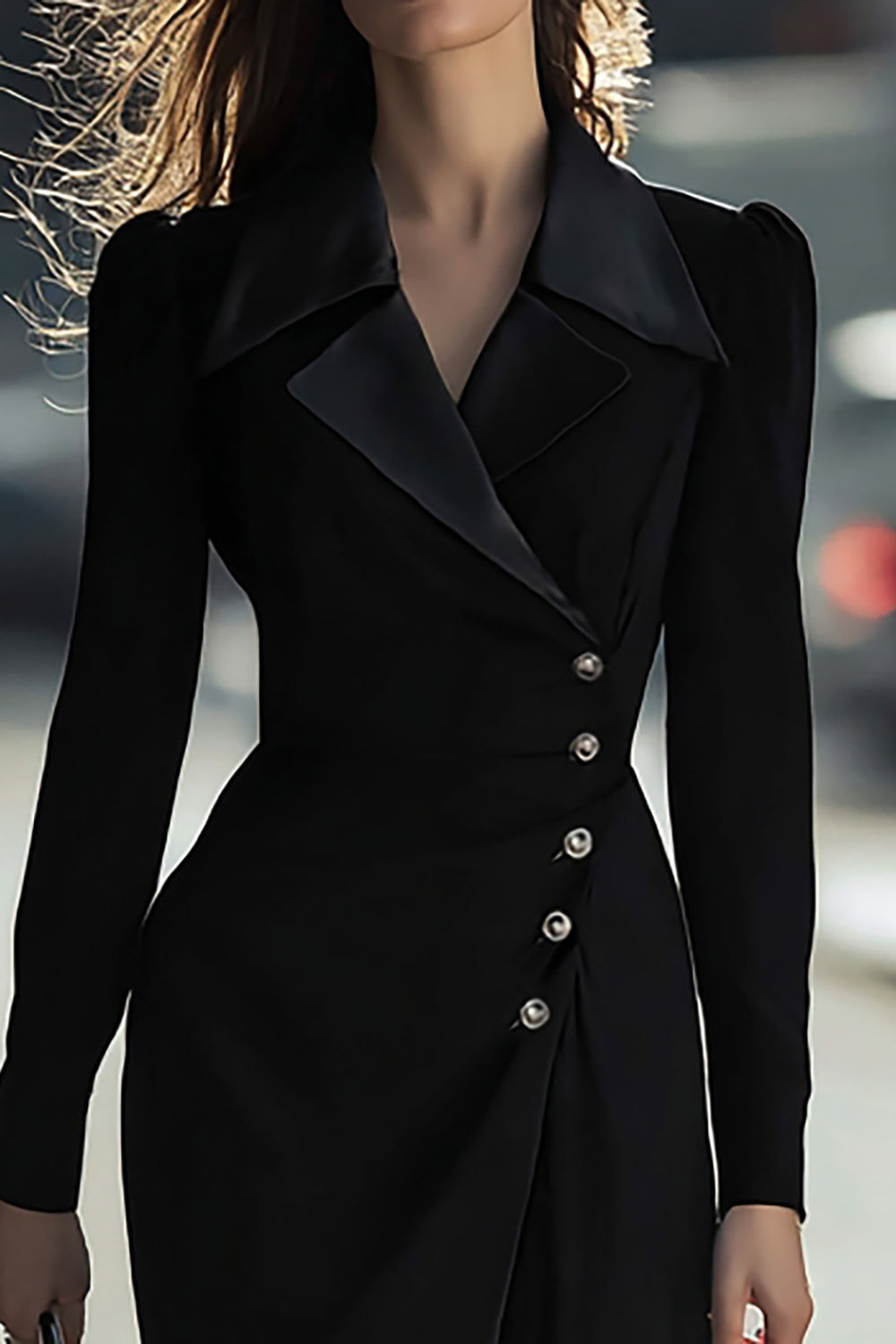 Black Sheath Single Breasted Long Sleeves Work Dress with Slit