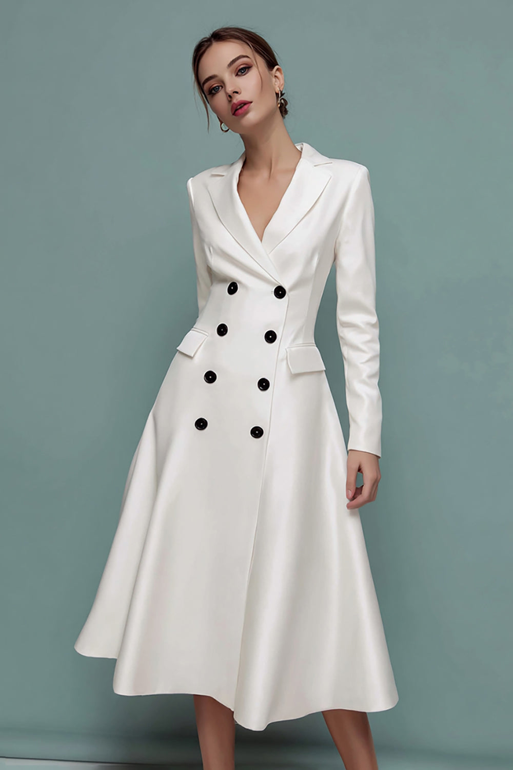 Ivory A Line Notched Lapel Double Breasted Midi Work Dress with Sleeves