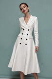 Ivory A Line Notched Lapel Double Breasted Midi Work Dress with Sleeves
