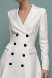 Ivory A Line Notched Lapel Double Breasted Midi Work Dress with Sleeves