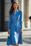 Blue A Line Notched Lapel One Button Midi Work Dress with Sash