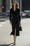 Black Pencil Shawl Lapel Midi Work Dress with Slit